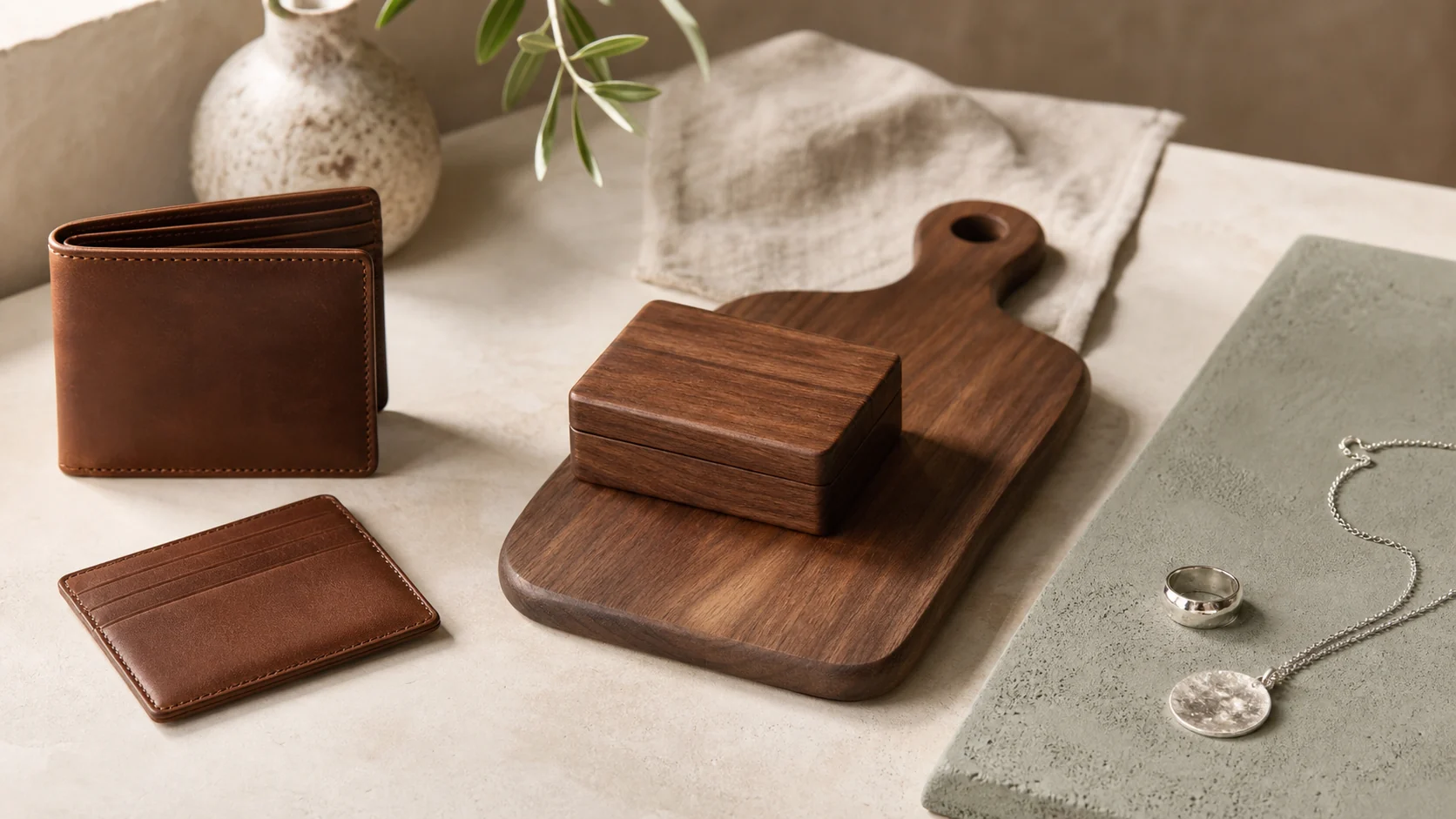 Leather, personalized wood, and silver products arranged in a calm editorial setting