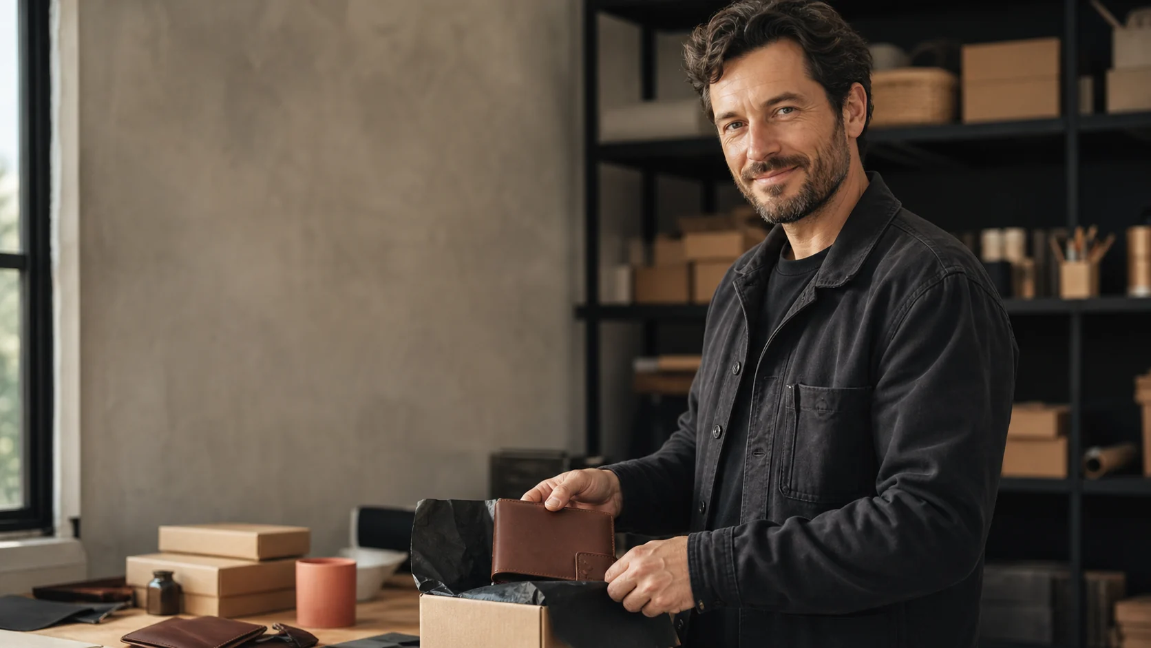 A smiling seller holding a leather wallet in a calm product studio
