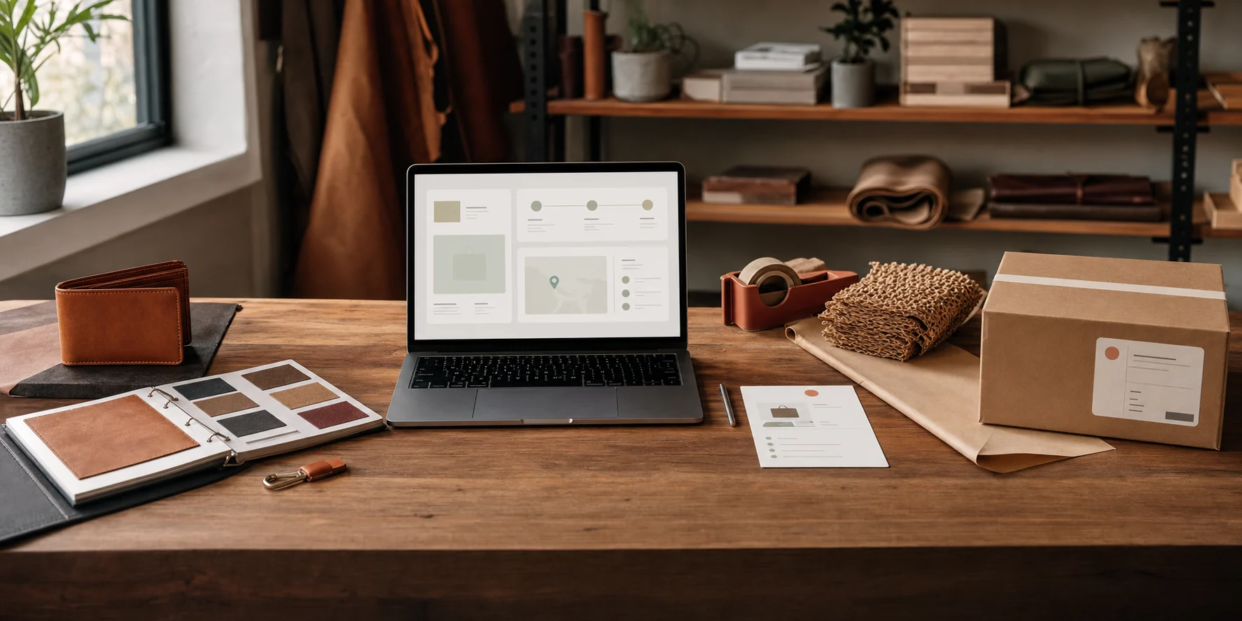Products, packaging, and a privacy-safe operational workspace arranged on a studio table